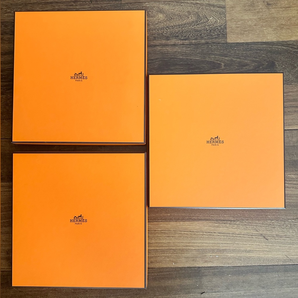 3 brand new Hermes boxes. 9 inch x 9 inch square, 0.75 inch deep. $27 per box.